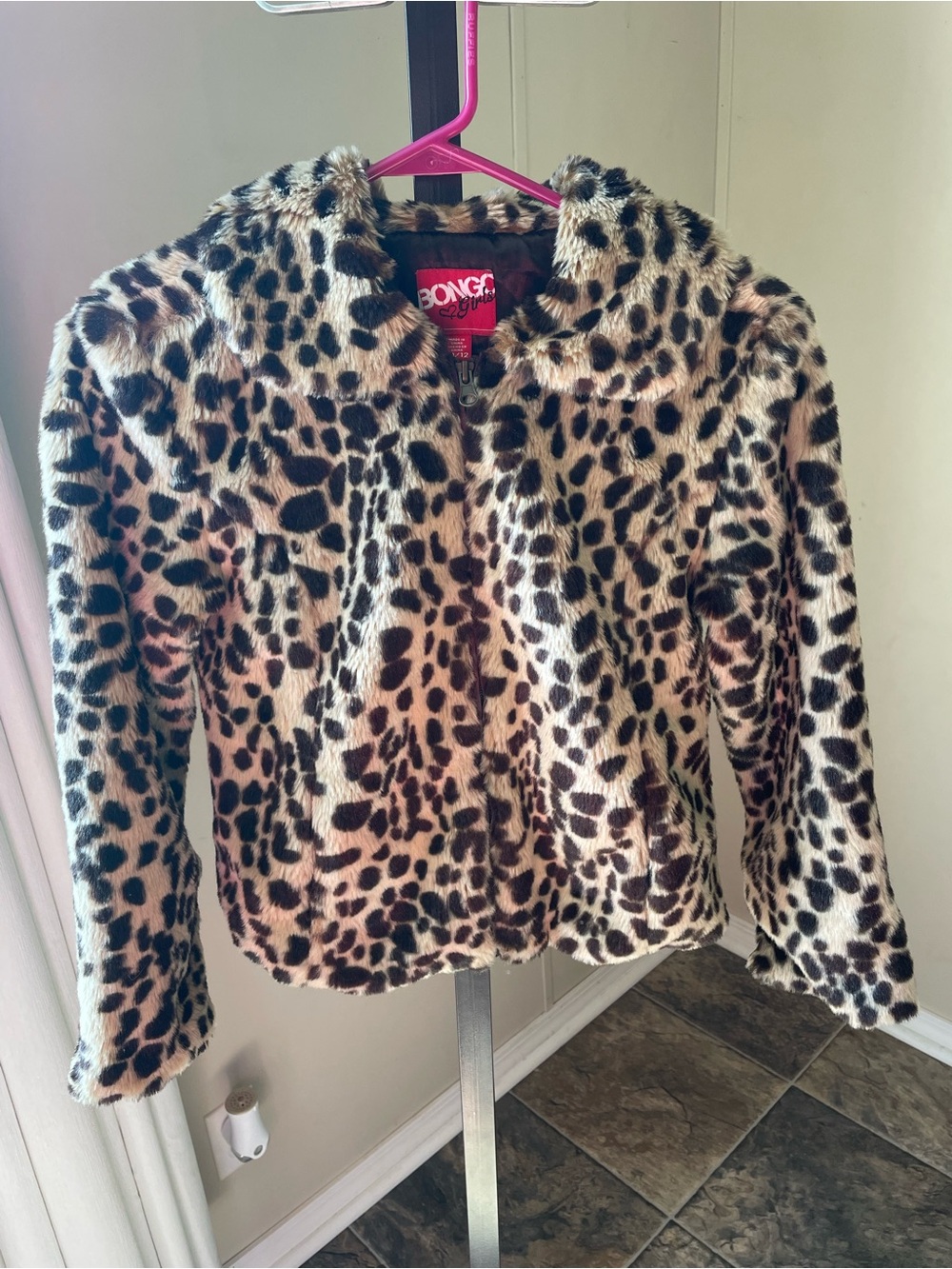 Y2K Bongo Girls Faux Fur Leopard Jacket - Tan/Black Size 10/12